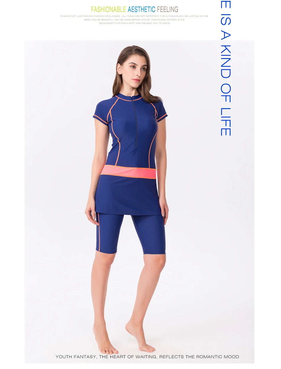 Two Piece Skirt Swimsuit For Women Sports Surf Suit Tankini Long Pants Bathing suit With Zipper Sleeve Swimwear - The Clothing Company Sydney