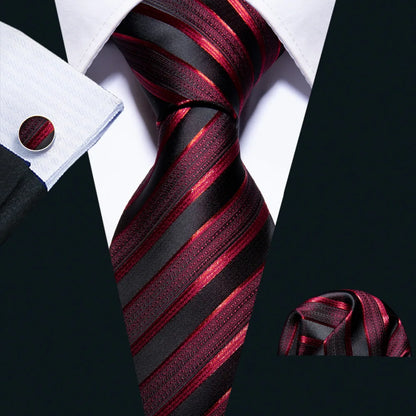 Men's Business Red Striped Silk Tie Hanky Cufflinks Wedding Party Casual Necktie Set - The Clothing Company Sydney