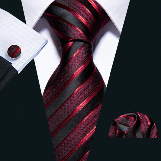 Men's Business Red Striped Silk Tie Hanky Cufflinks Wedding Party Casual Necktie Set - The Clothing Company Sydney