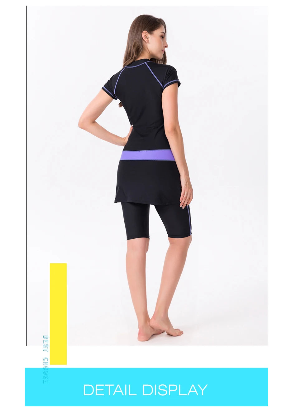 Two Piece Skirt Swimsuit For Women Sports Surf Suit Tankini Long Pants Bathing suit With Zipper Sleeve Swimwear - The Clothing Company Sydney