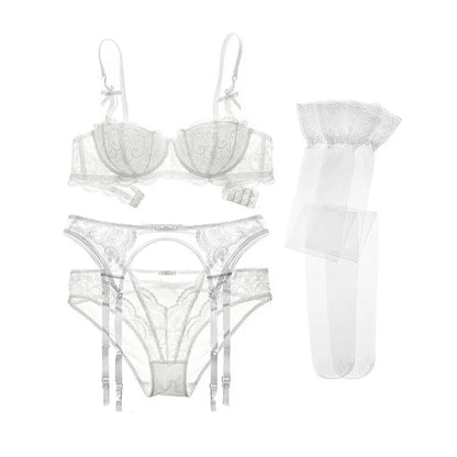 4 Piece Lace Push Up Underwear Set Half Cup Bra+Panties+Garter+Stockings - The Clothing Company Sydney