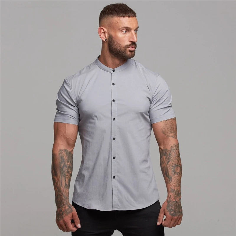 Summer Short Sleeve Shirt Solid Fitness Mens Stand Collar Super Slim Fit Business Dress Shirt Button Gym Tops - The Clothing Company Sydney