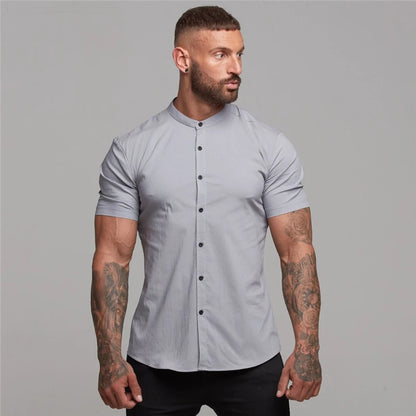 Summer Short Sleeve Shirt Solid Fitness Mens Stand Collar Super Slim Fit Business Dress Shirt Button Gym Tops - The Clothing Company Sydney