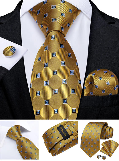 Fashion Men's Tie Luxury Gold Blue Black Striped Paisley Silk Wedding Tie For Men Designer Hanky Cufflinks Gift Tie Set - The Clothing Company Sydney