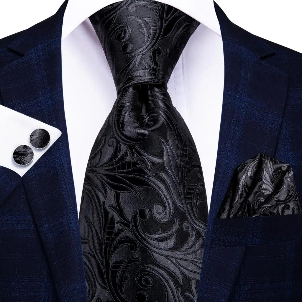 3 Piece Black Floral Silk Wedding Tie For Men Handky Cufflink Elegant Necktie Set For Men - The Clothing Company Sydney