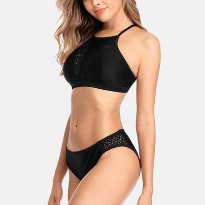 Women High Neck Bikini Set Solid Color Swimsuit Hollow Out Bandage Swimwear Push Up Beachwear - The Clothing Company Sydney