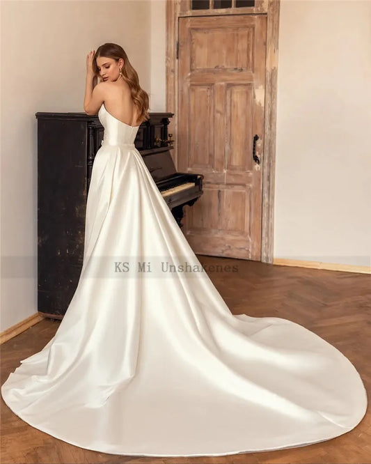 Elegant Ivory Detachable Train Wedding Dresses Mermaid Satin Bride Dress Wedding Gowns