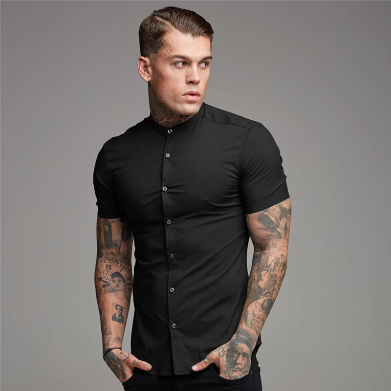 Summer Short Sleeve Shirt Solid Fitness Mens Stand Collar Super Slim Fit Business Dress Shirt Button Gym Tops - The Clothing Company Sydney