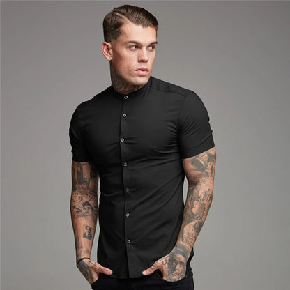 Summer Short Sleeve Shirt Solid Fitness Mens Stand Collar Super Slim Fit Business Dress Shirt Button Gym Tops - The Clothing Company Sydney