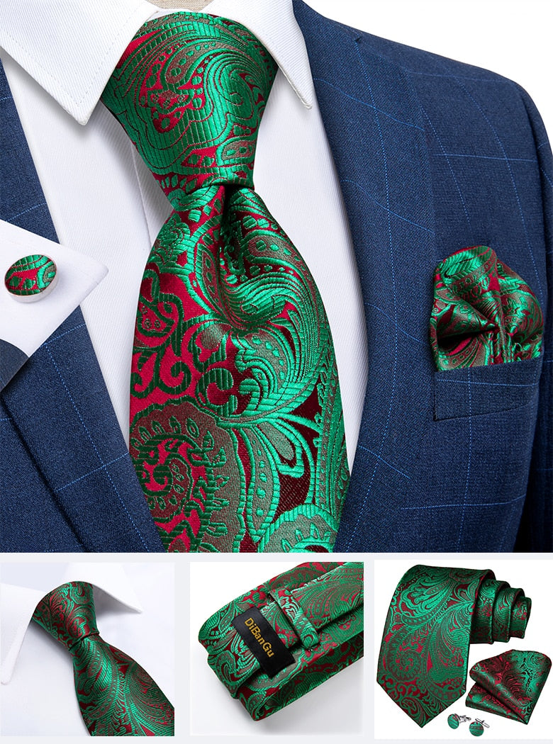 Men's Tie Teal Green Paisley Novelty Design Silk Wedding Tie for Men Handky cufflink Tie Set Party Business Fashion Set The Clothing Company Sydney