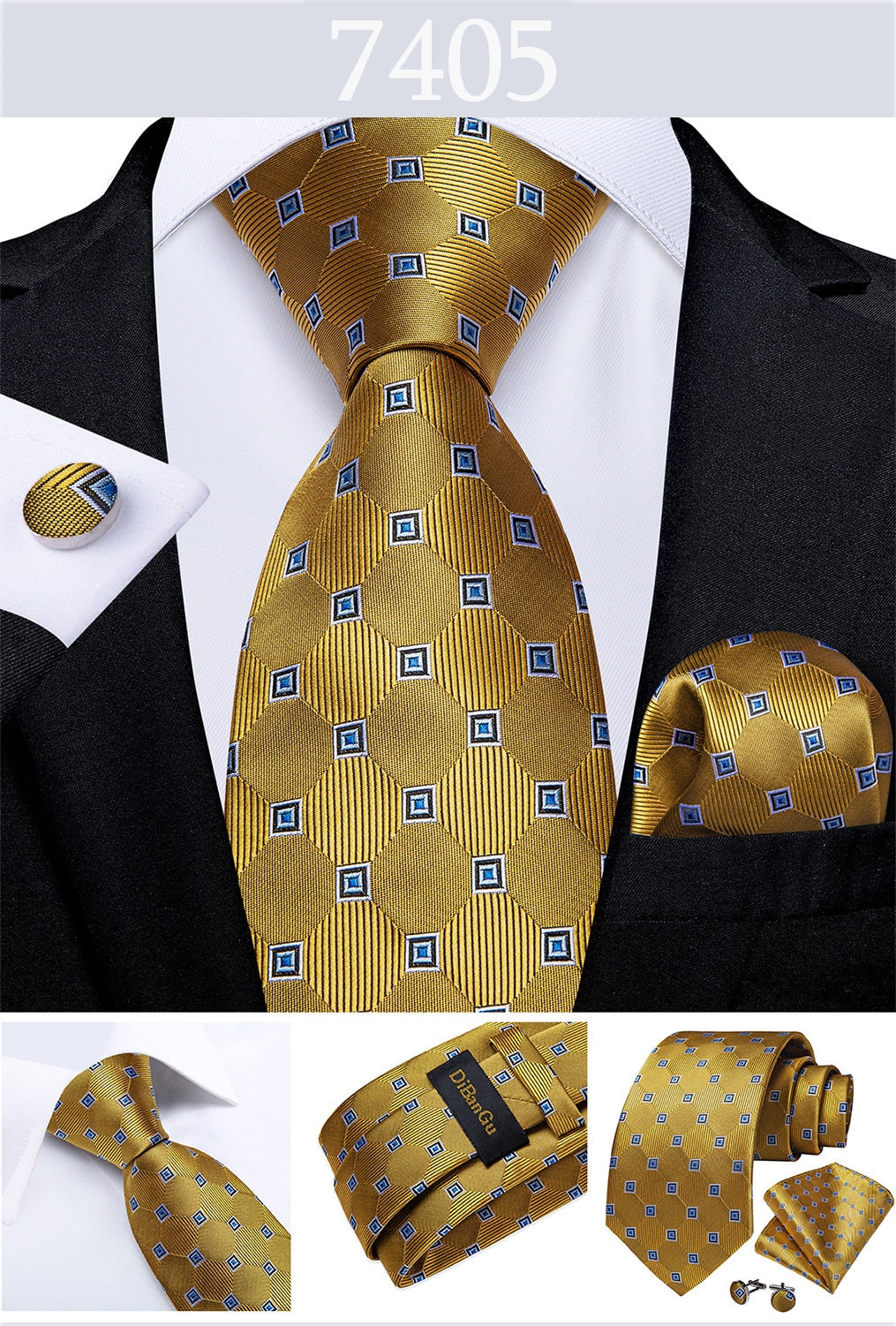 Men's Tie Luxury Yellow Blue Striped Paisley Plaid Silk Wedding Tie For Men's Designer Hanky Cufflinks Gift Tie Set The Clothing Company Sydney