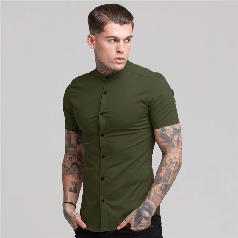 Summer Short Sleeve Shirt Solid Fitness Mens Stand Collar Super Slim Fit Business Dress Shirt Button Gym Tops - The Clothing Company Sydney