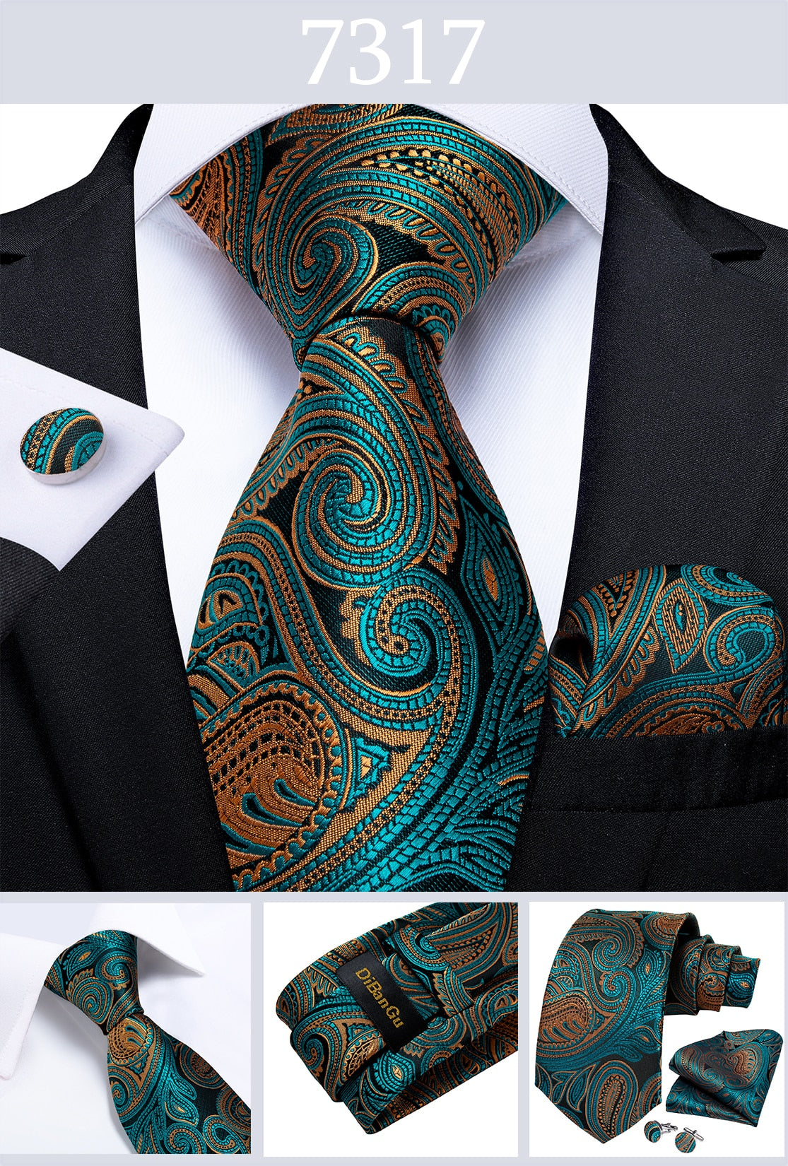 Men's Tie Teal Green Paisley Novelty Design Silk Wedding Tie for Men Handky cufflink Tie Set Party Business Fashion Set The Clothing Company Sydney