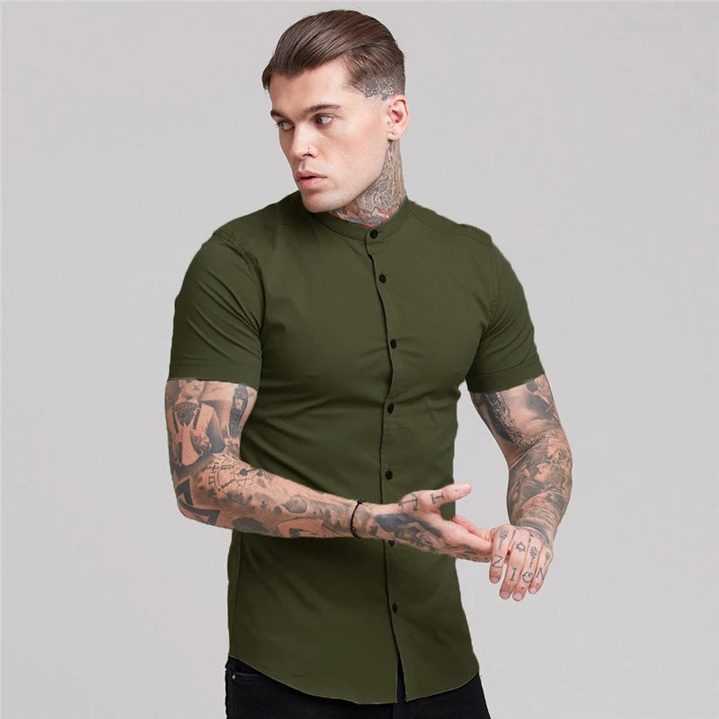 Summer Short Sleeve Shirt Solid Fitness Mens Stand Collar Super Slim Fit Business Dress Shirt Button Gym Tops - The Clothing Company Sydney