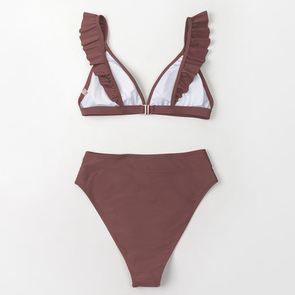 V-neck Ruffled High-waist Bikini Sets Swimsuit Women's Solid Brown Two Pieces Swimwear Beach Bathing Suits The Clothing Company Sydney