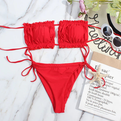 2 Piece Pleated Bandeau Swimsuit Low Waist Swimwear Beach Wear Mini Thong Bikini Set Bathing Suit - The Clothing Company Sydney