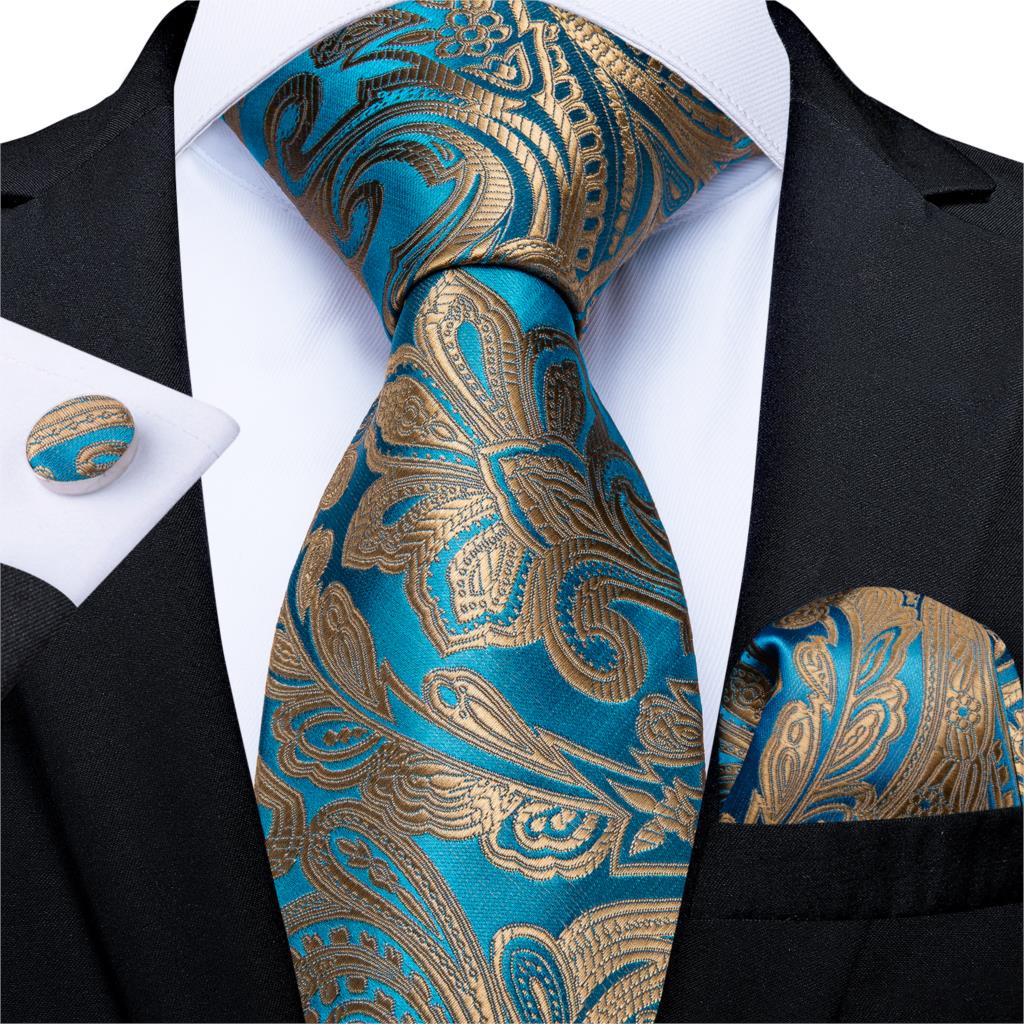 Men's Tie Teal Green Paisley Novelty Design Silk Wedding Tie for Men Handky cufflink Tie Set Party Business Fashion Set The Clothing Company Sydney