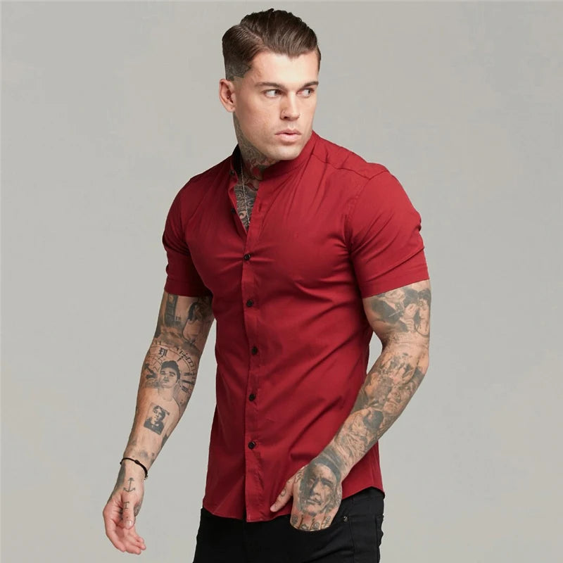 Summer Short Sleeve Shirt Solid Fitness Mens Stand Collar Super Slim Fit Business Dress Shirt Button Gym Tops - The Clothing Company Sydney