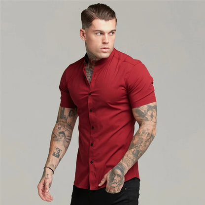 Summer Short Sleeve Shirt Solid Fitness Mens Stand Collar Super Slim Fit Business Dress Shirt Button Gym Tops - The Clothing Company Sydney