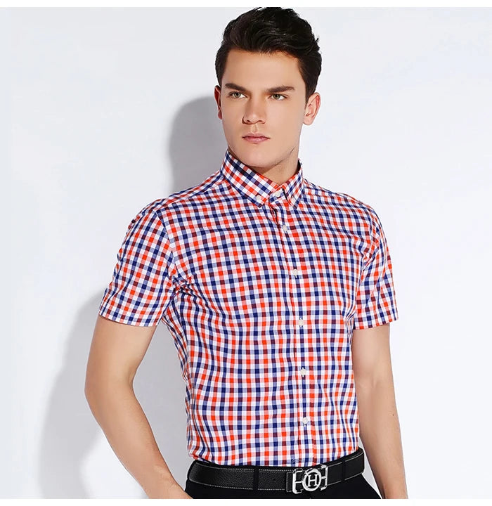 Plaid Checked Cotton Men Shirts Pocket-less Design Short Sleeve Summer Casual Standard-fit Button-down Thin Shirt The Clothing Company Sydney
