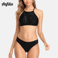 Women High Neck Bikini Set Solid Color Swimsuit Hollow Out Bandage Swimwear Push Up Beachwear - The Clothing Company Sydney