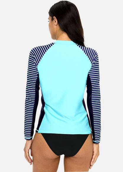 Womens Long Sleeved Rashguard Swimwear Striped Rash Guards Patchwork Surfing Swimsuits UPF50+ Top - The Clothing Company Sydney