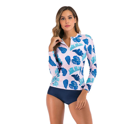 Long Sleeve Rash Guard Women Print Two Piece Swimsuit Zipper Swimwear Plus Size Bathing Suit Surfing Suit - The Clothing Company Sydney