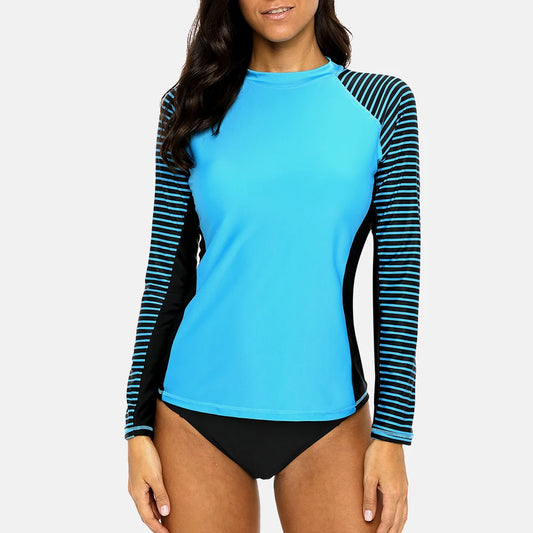 Womens Long Sleeved Rashguard Swimwear Striped Rash Guards Patchwork Surfing Swimsuits UPF50+ Top - The Clothing Company Sydney