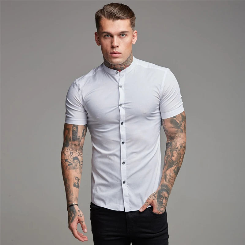 Summer Short Sleeve Shirt Solid Fitness Mens Stand Collar Super Slim Fit Business Dress Shirt Button Gym Tops - The Clothing Company Sydney