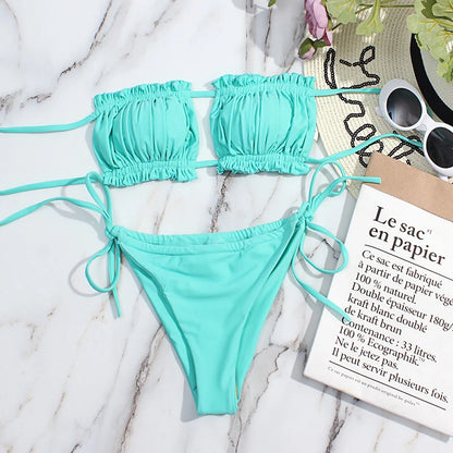 2 Piece Pleated Bandeau Swimsuit Low Waist Swimwear Beach Wear Mini Thong Bikini Set Bathing Suit - The Clothing Company Sydney