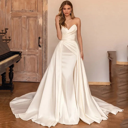 Elegant Ivory Detachable Train Wedding Dresses Mermaid Satin Bride Dress Wedding Gowns