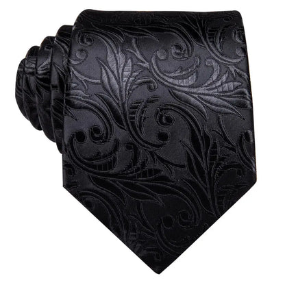 3 Piece Black Floral Silk Wedding Tie For Men Handky Cufflink Elegant Necktie Set For Men - The Clothing Company Sydney