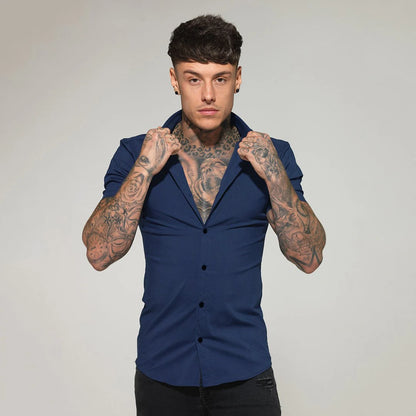 Slim Fit Button Short Sleeve Shirts Men Casual Sportswear Dress Shirt Male Hipster Shirts Tops Fitness Clothing The Clothing Company Sydney