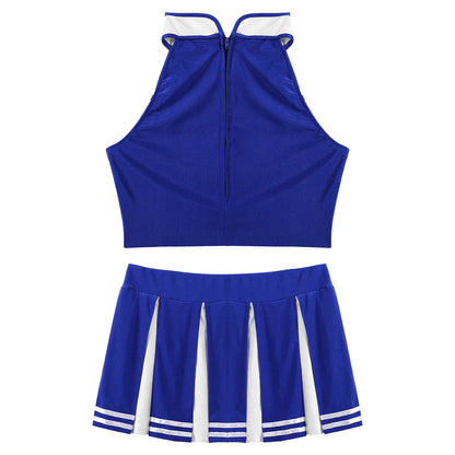 Women's Cheerleading Costume Uniform Carnival Cosplay Outfit Stand Collar Sleeveless Crop Top with Mini Pleated Skirt - The Clothing Company Sydney