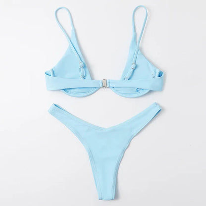 2 Piece Underwire Bikini Women Solid Red Push Up Bra Thong Swimsuit Haler V Neck Bathing Suit Mini Micro Thong Swimwear The Clothing Company Sydney