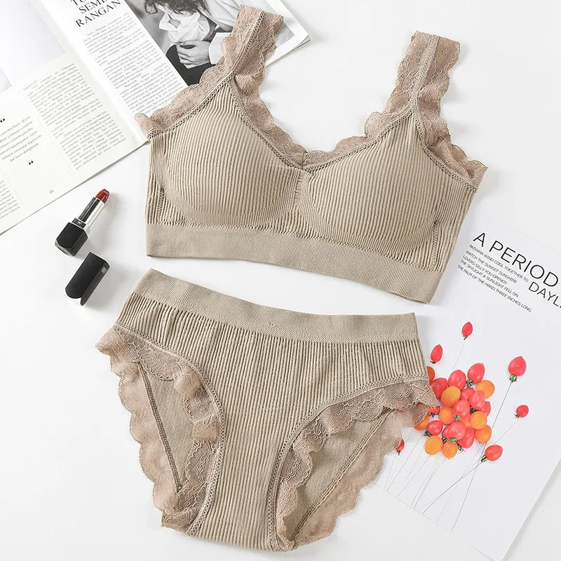2 Piece Lace Underwear Set Padded Bra Set Women's Underwear Brassiere Fitness Crop Top Set - The Clothing Company Sydney
