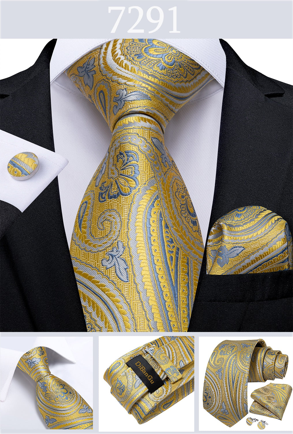 Men's Tie Luxury Yellow Blue Striped Paisley Plaid Silk Wedding Tie For Men's Designer Hanky Cufflinks Gift Tie Set The Clothing Company Sydney