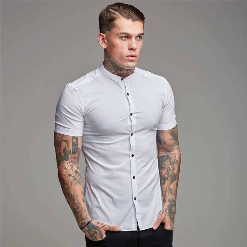 Summer Short Sleeve Shirt Solid Fitness Mens Stand Collar Super Slim Fit Business Dress Shirt Button Gym Tops - The Clothing Company Sydney