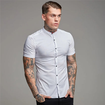 Summer Short Sleeve Shirt Solid Fitness Mens Stand Collar Super Slim Fit Business Dress Shirt Button Gym Tops - The Clothing Company Sydney