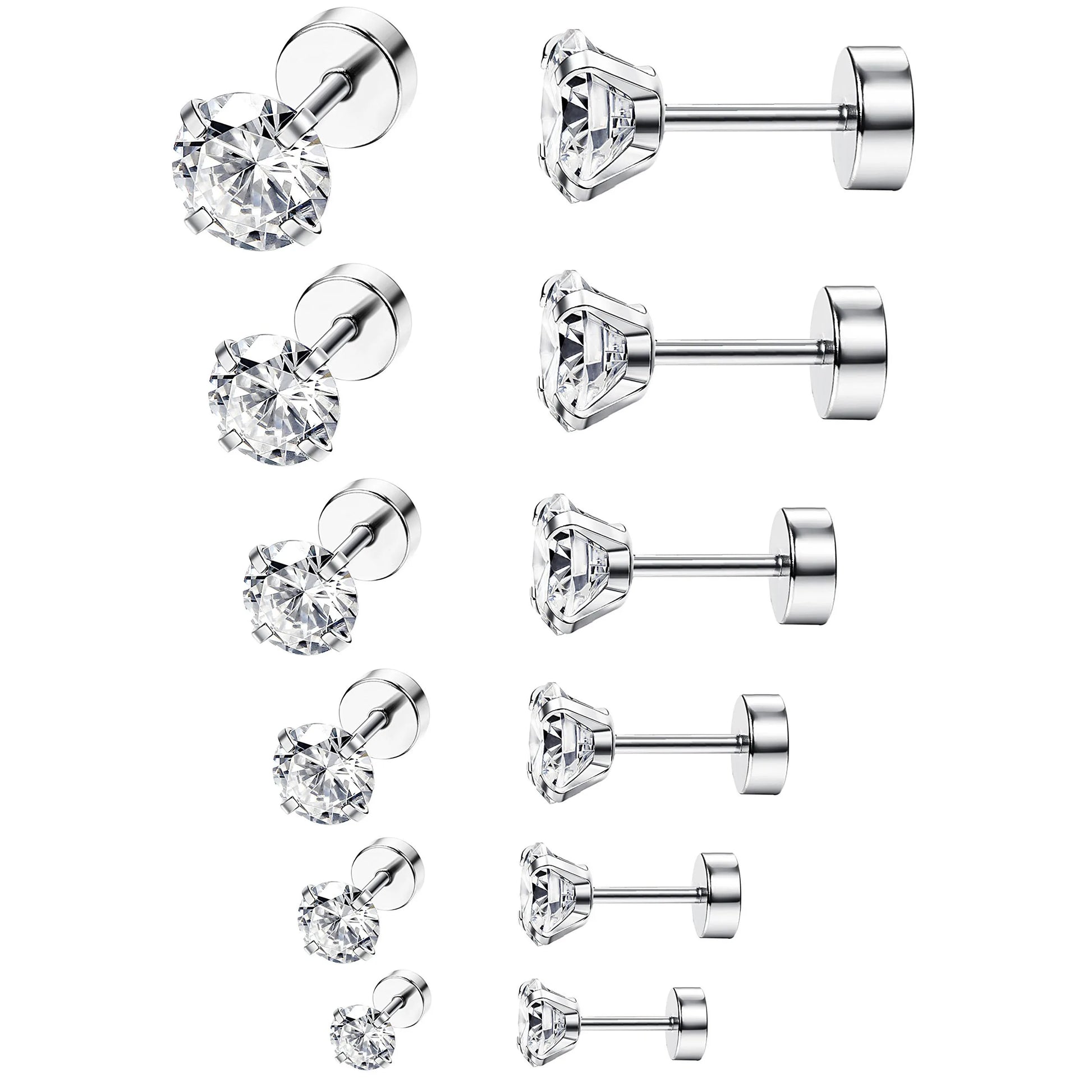 3-8mm Small Black Silver Colour Earrings Stone CZ Crystal Ear Studs Surgical Steel Cubic Unisex Accessories - The Clothing Company Sydney