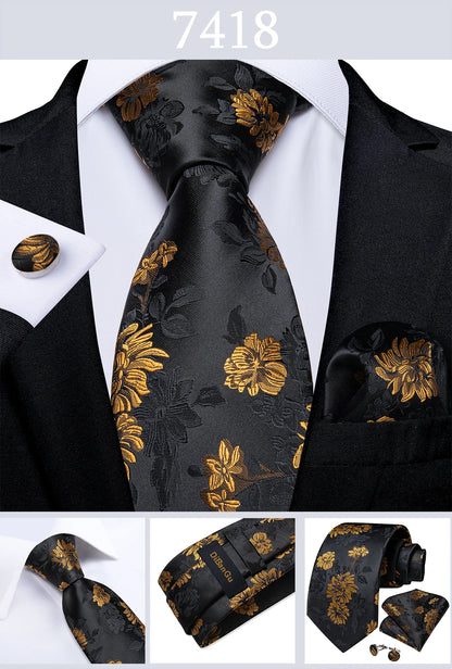 Fashion Men's Tie Luxury Gold Blue Black Striped Paisley Silk Wedding Tie For Men Designer Hanky Cufflinks Gift Tie Set - The Clothing Company Sydney