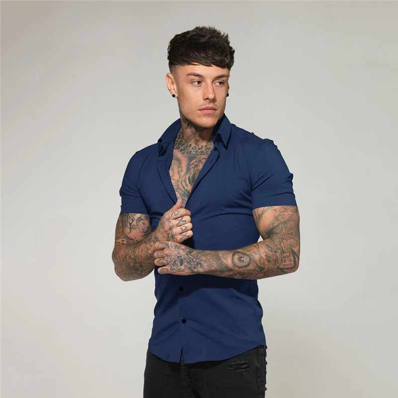 Slim Fit Button Short Sleeve Shirts Men Casual Sportswear Dress Shirt Male Hipster Shirts Tops Fitness Clothing The Clothing Company Sydney