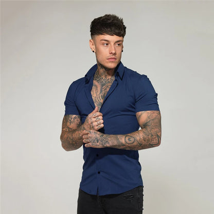 Slim Fit Button Short Sleeve Shirts Men Casual Sportswear Dress Shirt Male Hipster Shirts Tops Fitness Clothing The Clothing Company Sydney