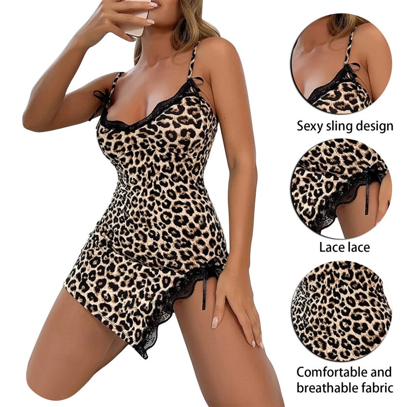 Women's Deep V Lace Nightdress Leopard Print Halter Nightdress Big Size Dress Home Clothes - The Clothing Company Sydney