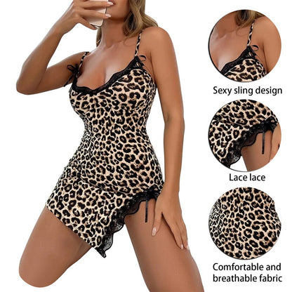 Women's Deep V Lace Nightdress Leopard Print Halter Nightdress Big Size Dress Home Clothes - The Clothing Company Sydney