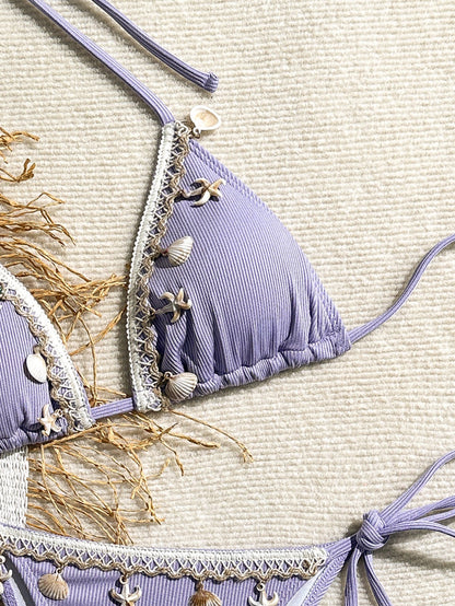 Shell Decoration Ribbed Bikini Women Swimwear Swimsuit Two-pieces Bikini Set Halter Strappy Bather Bathing Suit The Clothing Company Sydney