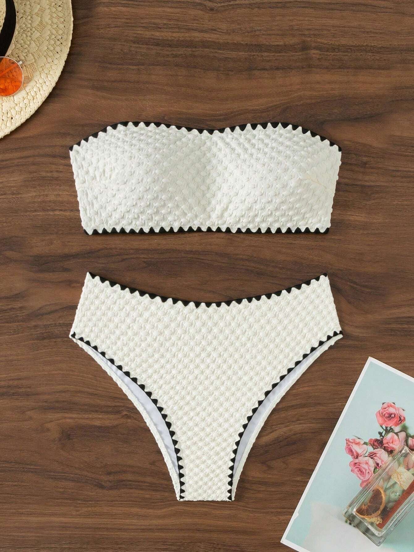 Swimwear White 2 Piece Strapless Swimsuit Bandeau Backless Bikini Set Lace-up Patchwork Bathing Suit The Clothing Company Sydney