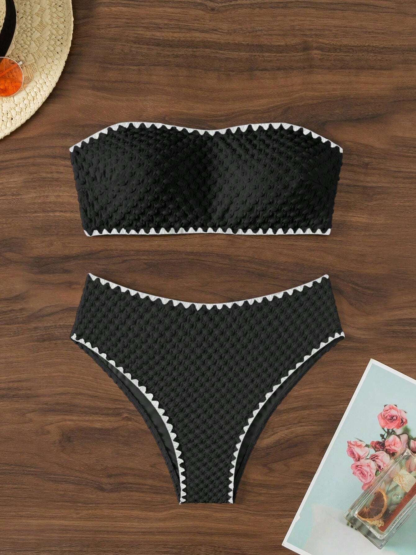 Swimwear White 2 Piece Strapless Swimsuit Bandeau Backless Bikini Set Lace-up Patchwork Bathing Suit The Clothing Company Sydney