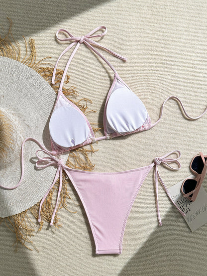 Shell Decoration Ribbed Bikini Women Swimwear Swimsuit Two-pieces Bikini Set Halter Strappy Bather Bathing Suit The Clothing Company Sydney