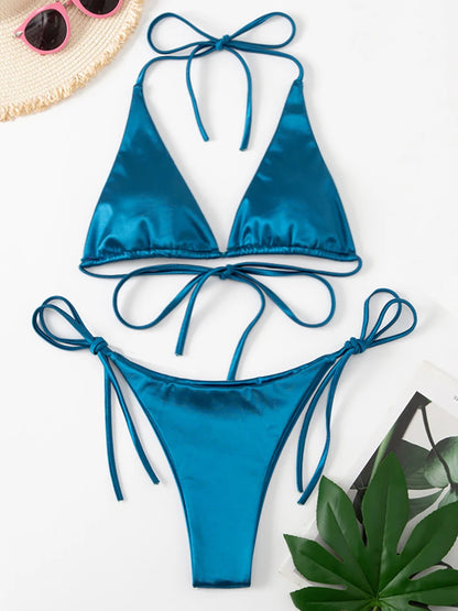 Metallic Halter Triangle Swimsuit Women Swimwear Bathing Suits Brazilian Thong Micro Bikinis Set Beach Wear - The Clothing Company Sydney